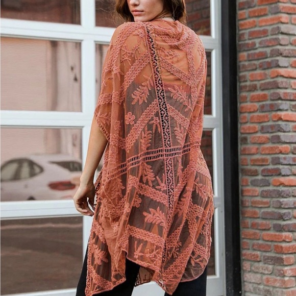 A gorgeous Burnt Siena Mesh Lace Beach Coverup, Kimono, Duster, Orange Hue Throw - Picture 4 of 6